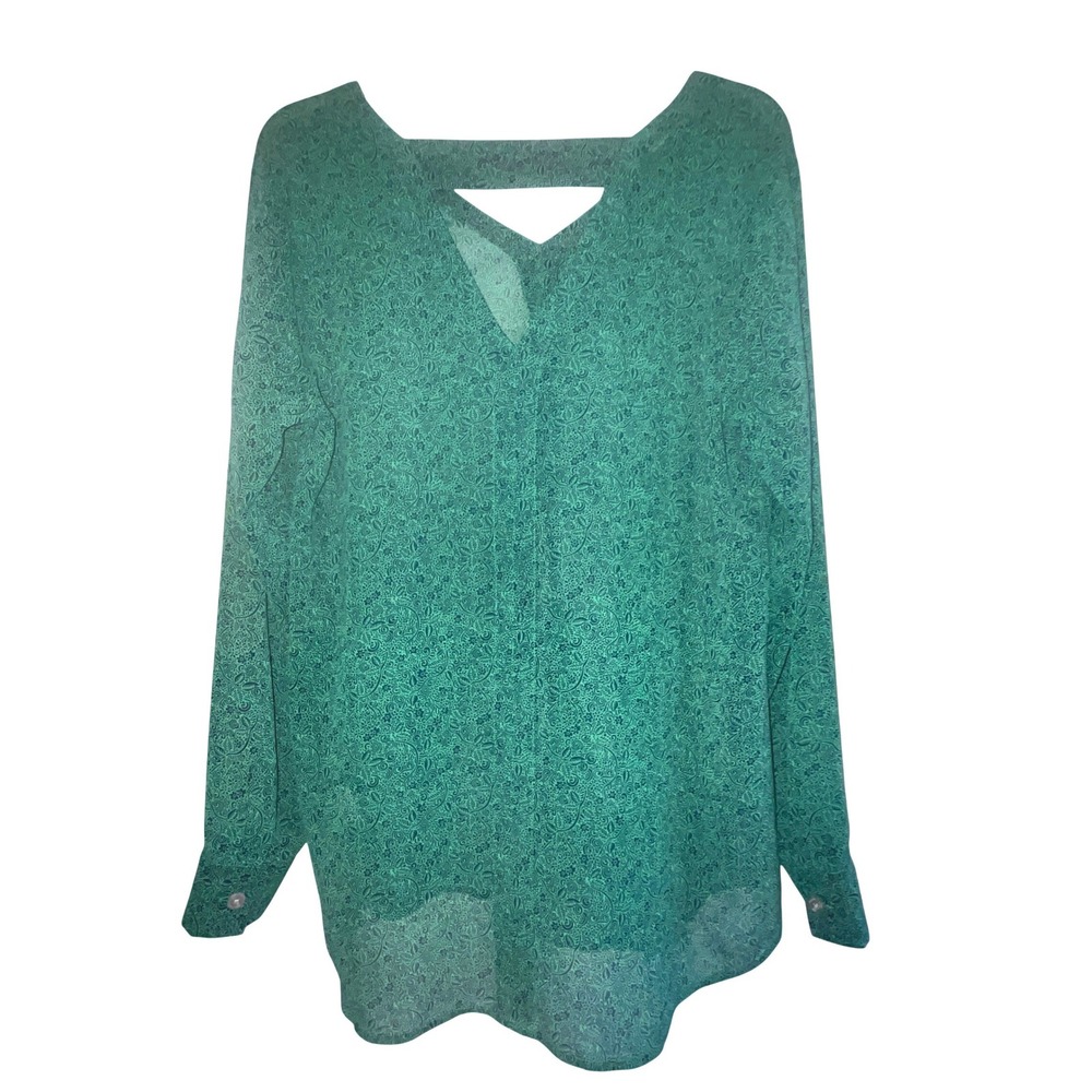 Cabi Green Floral V-Neck Long Sleeve Sheer Blouse with Back Cutout Detail 5208 - Picture 3 of 10